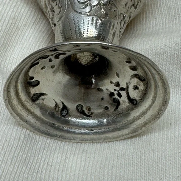 Antique Coin Silver Repousse Salt & Pepper Shakers Figural Dancing Scene 19c